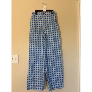 Wild Fable Blue Tropical Floral Checkerboard Boho Wide Leg Cotton Pants Women XS